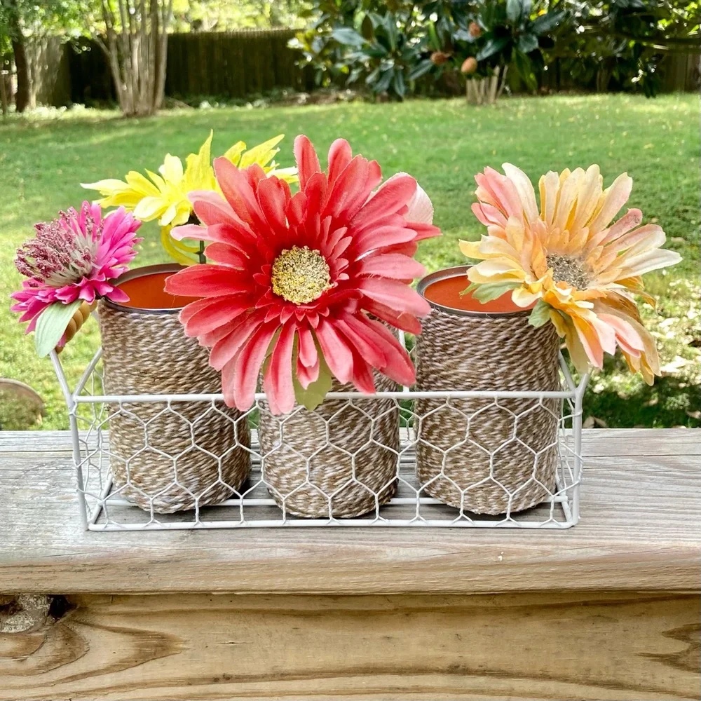Farmhouse Shabby Chic Chicken Wire Basket Caddy Server 3 Twine Wrapped Cans